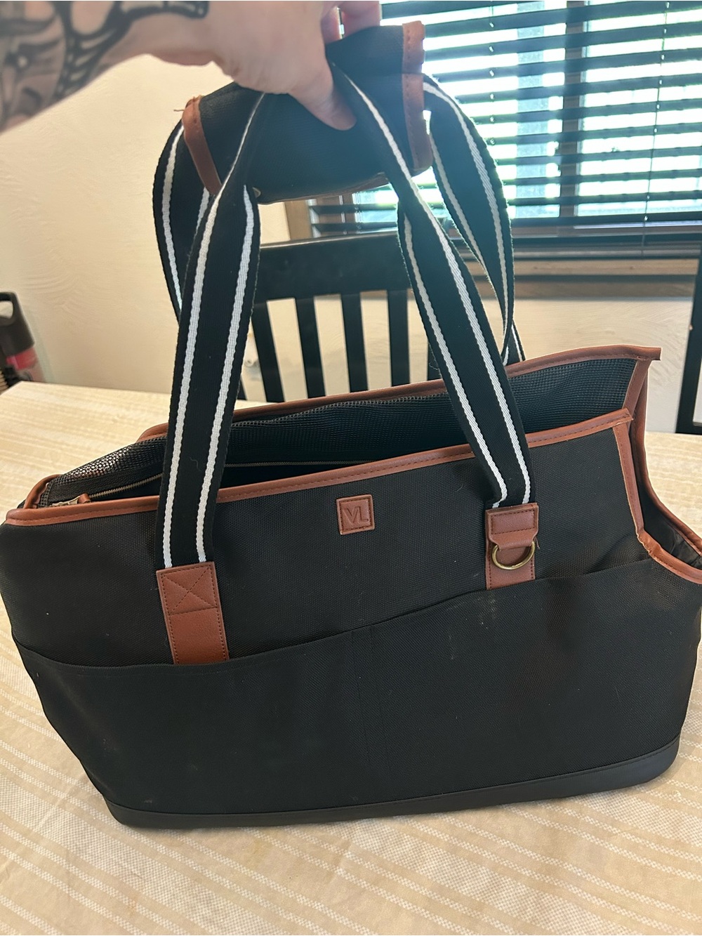 Dog bag. For small dog. Black & Brown Canvas Tote Bag with Striped Handles